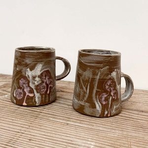 tall textured, floral mugs in pink and white
