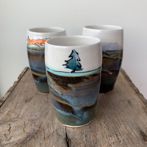 blue Landscape Tumbler with Tree, Fox or just a beautiful mountain landscape pottery by Bronwyn Arundel