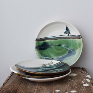 Bronwyn Arundel pottery landscape and fox and tree small plate