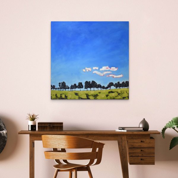 a bump in the road, original art painting by Tara Higgins - landscape with big blue sky and trees in the distance