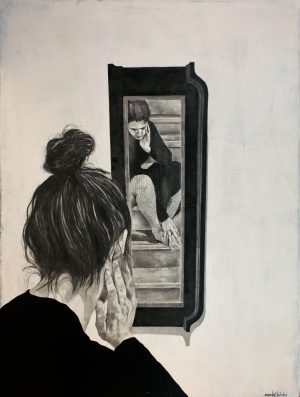 Beverly Hawksley's mixed media art 'Considering the Benefits of Mirror'