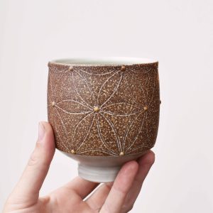 Katriona Drijber a ceramic artist from the Elk Valley, handcrafted ornate pattern design pottery tumblers and mugs in Fernie, BC at H squared art gallery