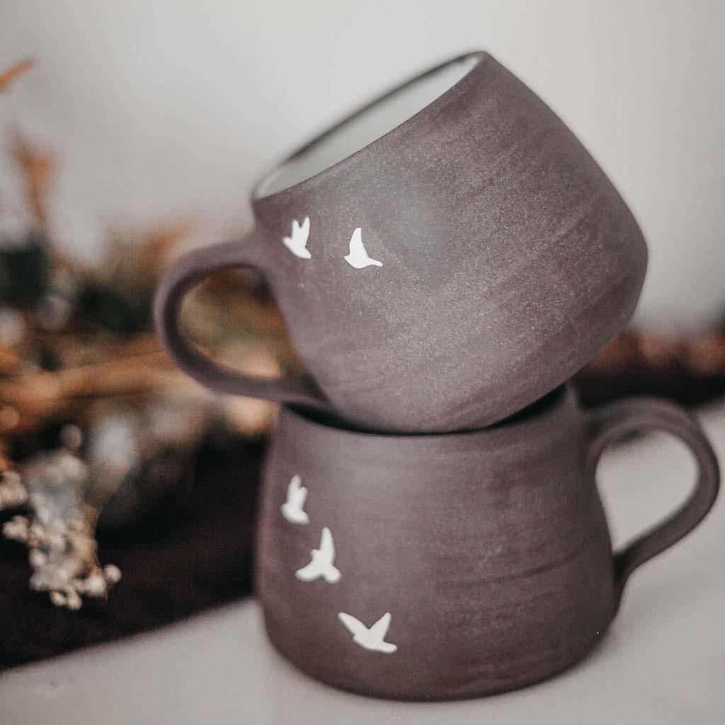 Birds in flight handmade Ceramic Mug by Canadian pottery studio Discovery Ceramics