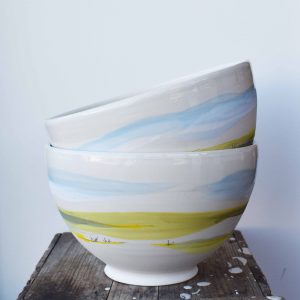 handcrafted ceramic large bowls with prairie landscape design using white clay pottery by potter artist Juliana Rempel at h squared gallery downtown Fernie, BC