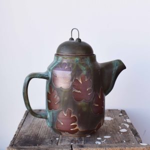 Green Leaf Monstera Tea Pot pottery by potter and ceramic artist Juliana Rempel at h squared gallery in Fernie BC