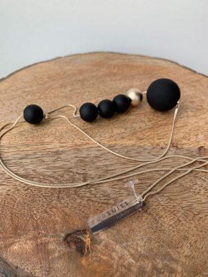 pursuits hand crafted jewellery in Canada - bubbles necklace with black orbs and gold chain.