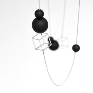 cube and orb long necklace by pursuits Canadian jeweller - versatile and modern necklace in silver and black orbs