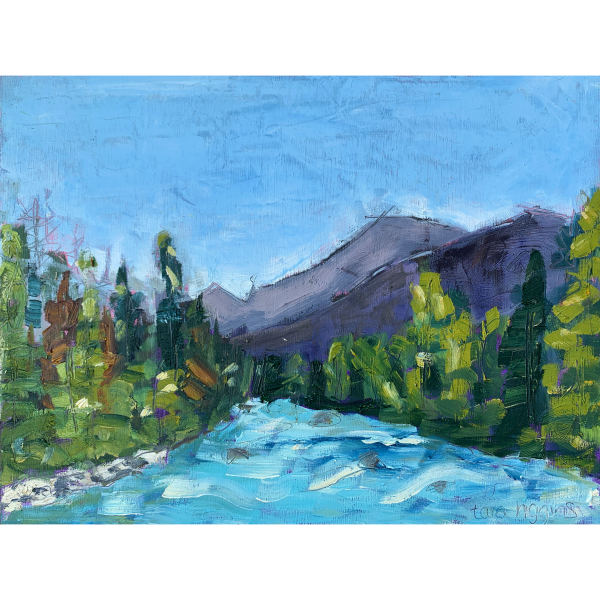 Original small works by Tara Higgins 'study - upstream' oil on board at h squared gallery in Fernie, BC - Canadian artists, makers, and artisans.