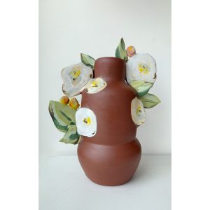 white floral vase by Juliana Rempel for one by one ceramic art exhibit at h squared gallery in Fernie, BC