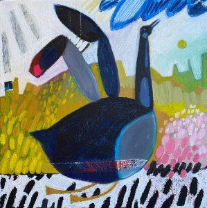 city slicker - bird painting by chantey Dayal, colourful, fun, and happy paintings at h squared gallery in Fernie, BC - Canadian artists
