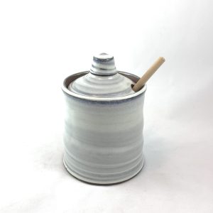 Kerri Holmes stoneware honeypots with wood dipper stick wheel thrown by Canadian Potter Kerri Holmes