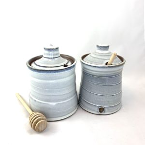 Kerri Holmes stoneware honeypots with wood dipper stick wheel thrown by Canadian Potter Kerri Holmes