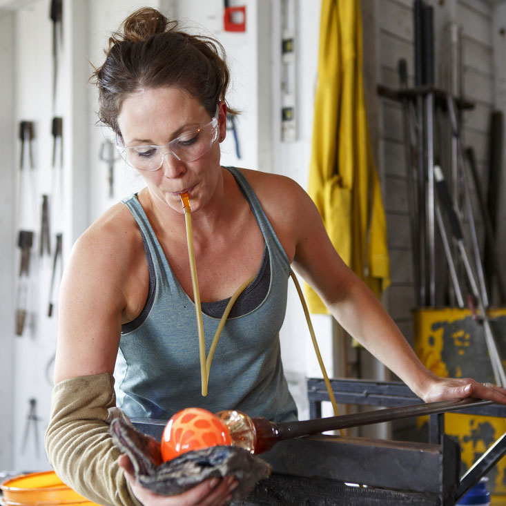 Leah Petrucci glass artist at h squared gallery, professional glass blower and sculpture builder - Canadian artist