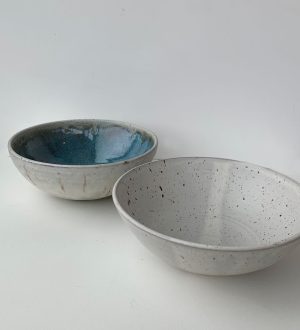 Eryn Prospero's everything bowls in speckled white finish and blue glaze