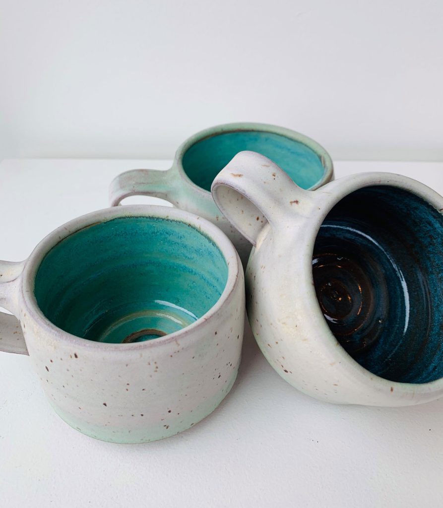 Eryn Prospero Pottery small ceramic mugs in turquoise and blue made in Nelson BC Pro Pro pottery