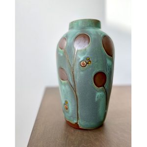 Juliana Rempel's Green Leaf and Berries large ceramic vase by Calgary potter at h squared gallery in Fernie