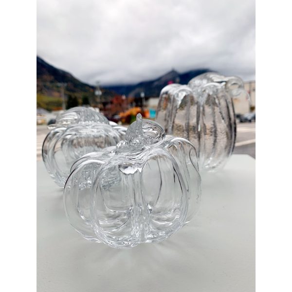 mouth blown sculptural glass pumpkin art by Leah Petrucci, Canadian glass artist at h squared gallery in Fernie