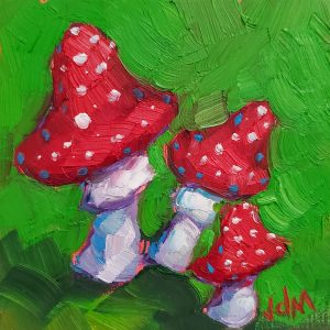new small works by Jamie McCallum at h squared gallery - oil on canvas of three red mushrooms