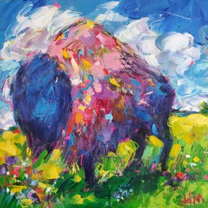 new small works by Jamie McCallum at h squared gallery - oil on canvas 'Charisma' bison or buffalo in full bright colour