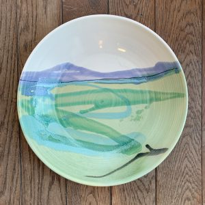 Bronwyn Arundel Pottery serving bowl platter in green with mountain landscape in Fernie, BC