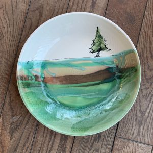 Bronwyn Arundel Pottery serving bowl platter in green with pine tree in Fernie, BC