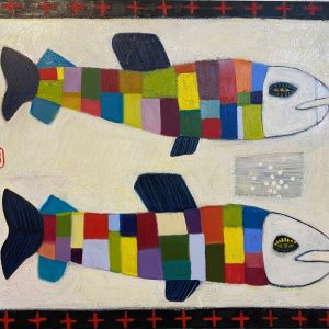 Twins by Chantey Dayal, Canadian mixed media artist of two identical salmon fish