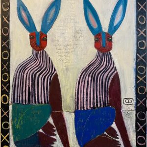 Love Birds by Chantey Dayal, Canadian mixed media artist of two hares or rabbits with patterns