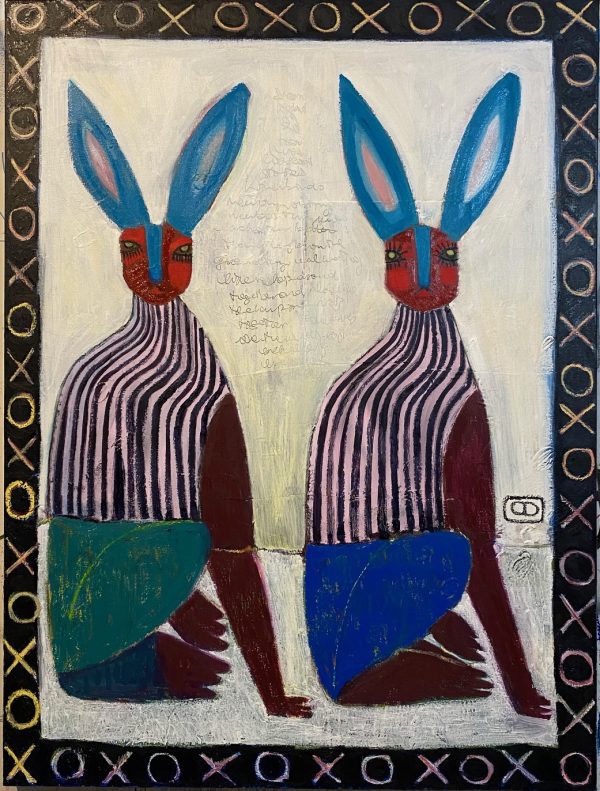 Love Birds by Chantey Dayal, Canadian mixed media artist of two hares or rabbits with patterns