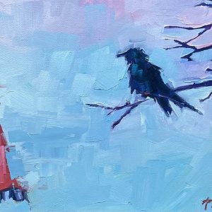 Painting of a Girl in red hooded coat talking to a crow