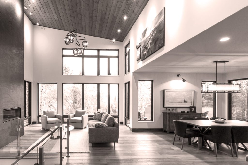 Living room mountain modern home interior design by h squared design's Tara Higgins