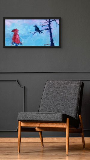 Painting of a Girl in red hooded coat talking to a crow