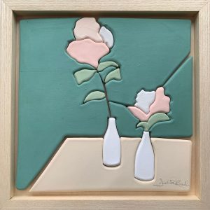 Gathering Flowers, still life floral ceramic tile wall art by Juliana Rempel of flowers in white vases on a table