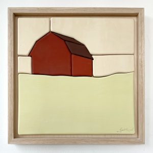 A Place In Between, red barn ceramic tile wall art by Juliana Rempel at h squared art gallery in Fernie, BC