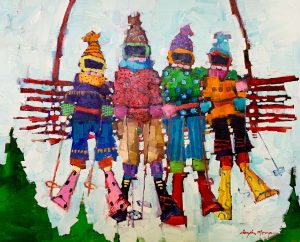 Angela Morgan painting of 4 people on a ski chair lift 'for all the snow'
