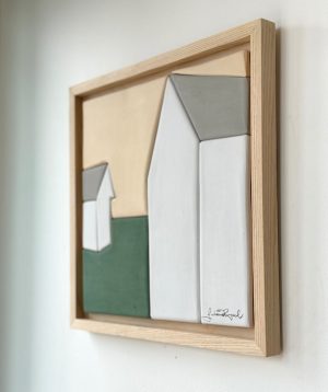 white houses ceramic tile wall art by Canadian potter Juliana Rempel at h squared gallery in Fernie, BC
