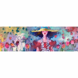 Collaborative oil painting artwork with Tara Higgins and Angela Morgan of woman surrounded by bright colours and flowers