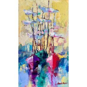 pastel colourful sail boat oil painting by Tara Higgins and Angela Morgan for Colour of Love a collaborative art show at h squared gallery in Fernie