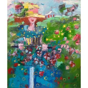 Angela Morgan's Love Shines Through, figurative woman oil painting, riding bike from circus park across a field of wild flowers