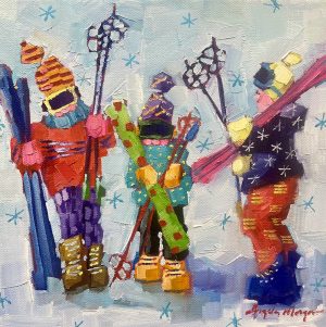oil painting of three children getting ready to ski by ANGELA MORGAN - bright colours and patterns by Fernie's figurative oil painter