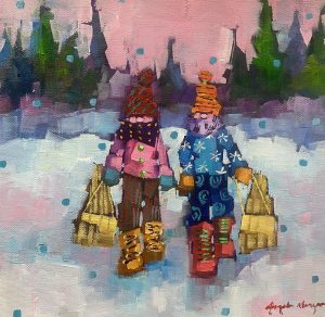 Angela Morgan's oil figurative painting of winter sledding kids 'trusty toboggan'