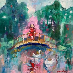 New oil paintings by Angela Morgan on bridge over river, whimsical Canadian artist