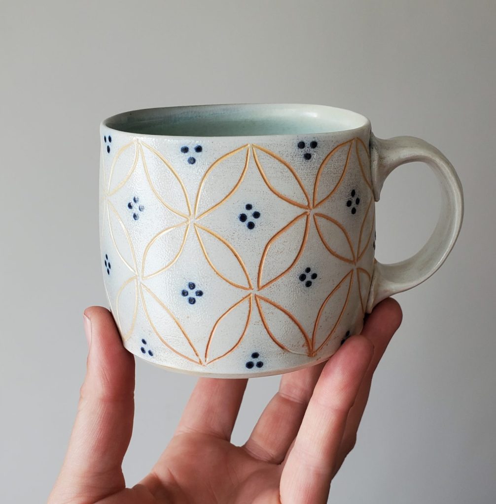 Katy Drijber pattern mug by Canadian potter, porcelain potter artist at Fernie's best gift shop