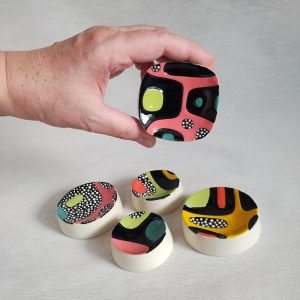 Ceramic artist using textures and bold geometric shapes, Lori Elling, small ring dishes at h squared gallery in Fernie, BC, the best place to find handmade gifts