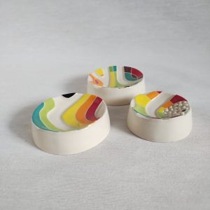 Ceramic artist using textures and bold geometric shapes, Lori Elling, small ring dishes at h squared gallery in Fernie, BC, the best place to find handmade gifts