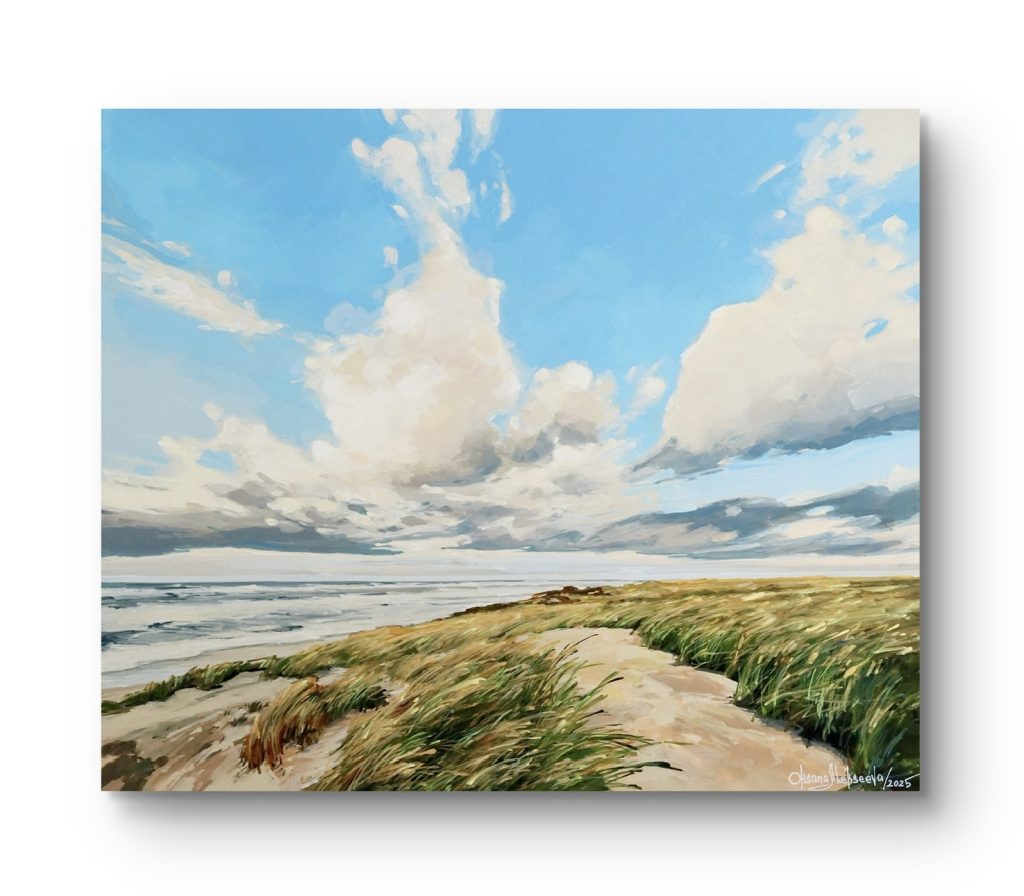 original artwork by landscape acrylic artist Oksana Alekseeva of a grassy beach shore with the ocean and a big cloudy sky
