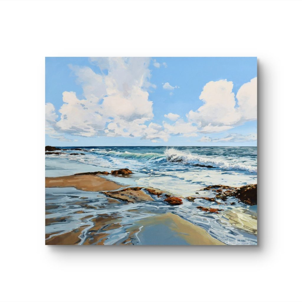Acrylic landscape painting by Oksana Alekseeva of a rocky beach shore with waves rolling, original artwork at h squared gallery in Fernie, BC