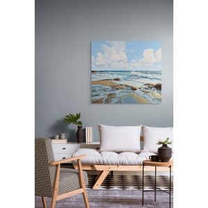 Acrylic landscape painting by Oksana Alekseeva of a rocky beach shore with waves rolling, original artwork at h squared gallery in Fernie, BC