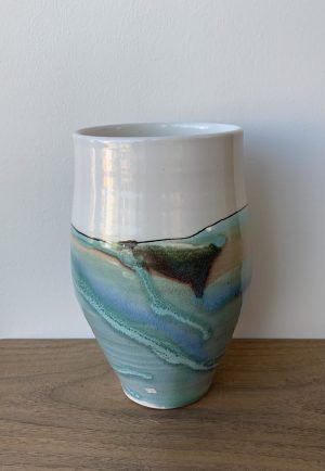 Bronwyn Arudnel pottery with tree illustration, ceramic vase with juicy landscape glazing in Fernie's best Canadian pottery shop
