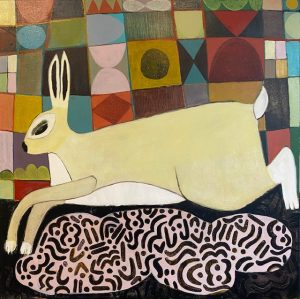 Chantey Dayal's rabbit jumping with mixed media patterns, new wildlife artwork by Canadian artist