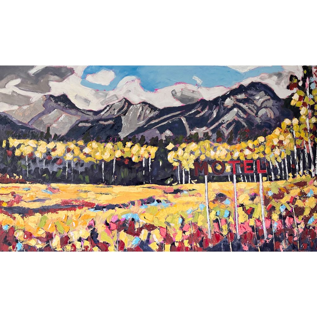 Meadow Motel landscape oil painting by Tara Higgins of MOTEL in a flower meadow